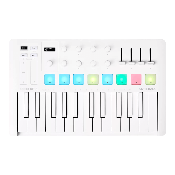 Arturia MiniLab 3 - Universal MIDI Controller for Music Production, with All-in-One Software Package - 25 Keys, 8 Multi-Color Pads - White Keyboard